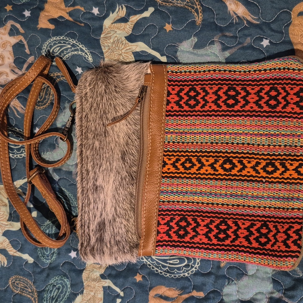 Myra BAG Multicolor Patterned Crossbody Bag with Cow Hide Trim